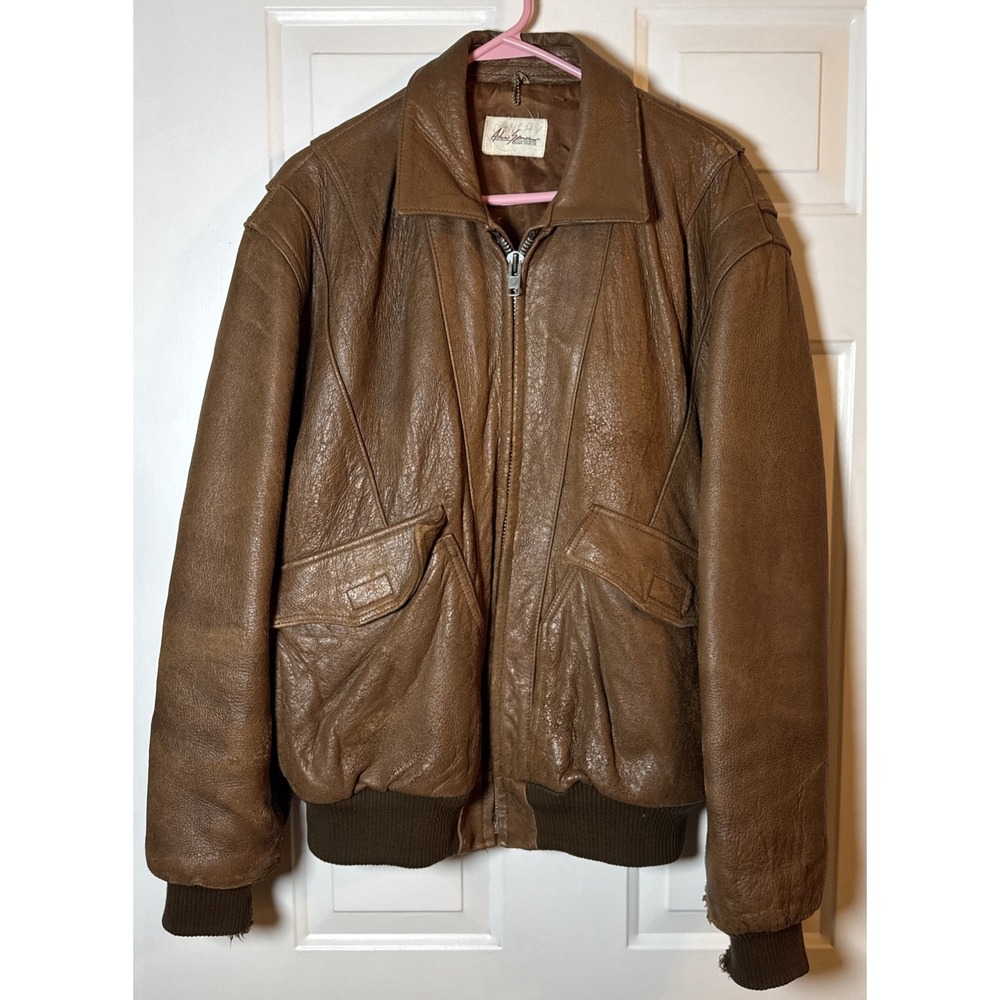 Vintage Adam Spencer Brown Leather Bomber Jacket 40 Tall Distressed USA Mens
